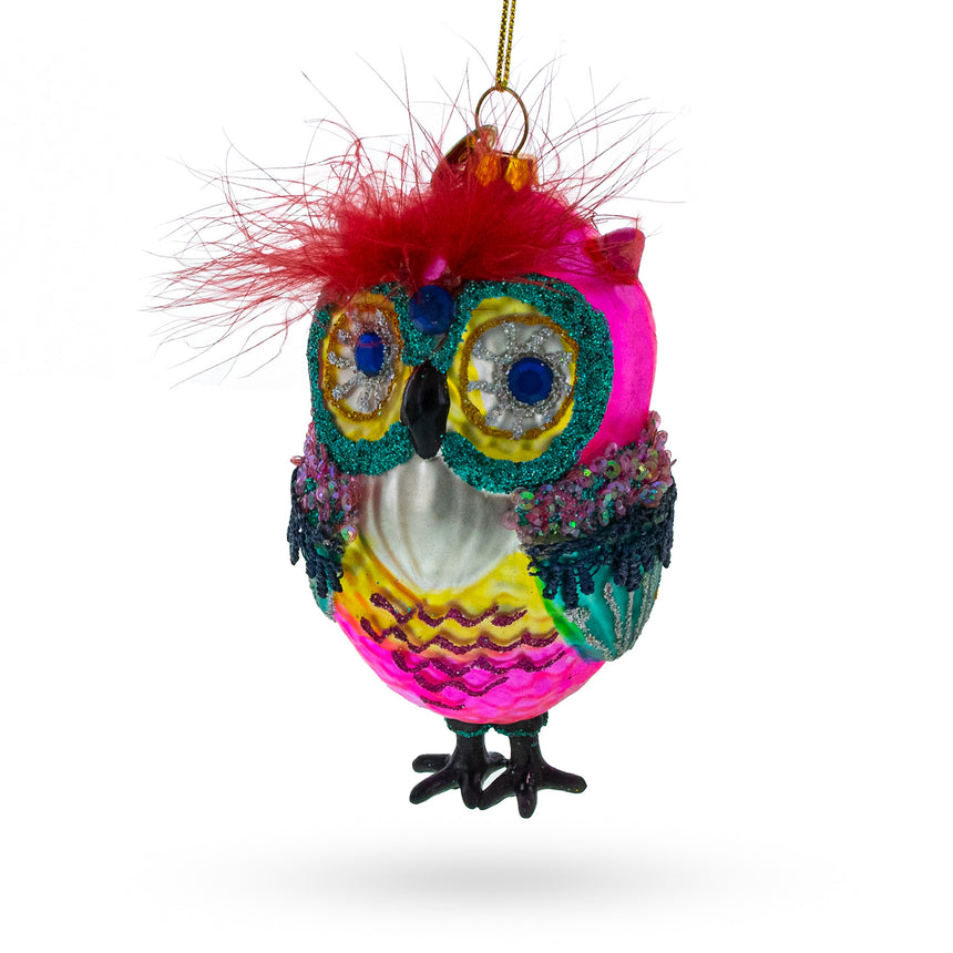 Glass Vibrant Colorful Owl Blown Glass Christmas Ornament in Multi color