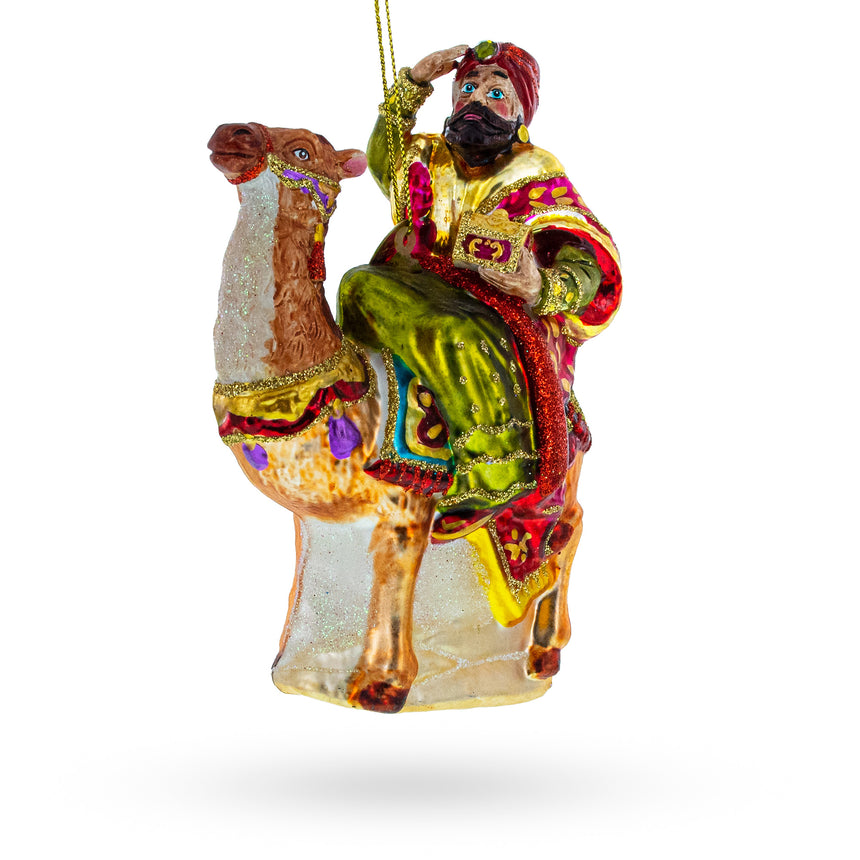 Glass Majestic Wiseman with Gifts on Camel Blown Glass Christmas Ornament in Multi color