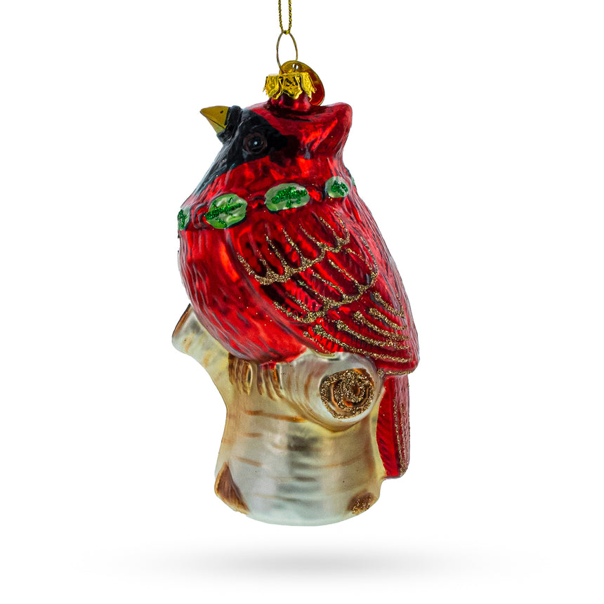 Glass Shimmering Red Cardinal on a Tree Branch Blown Glass Christmas Ornament in Red color