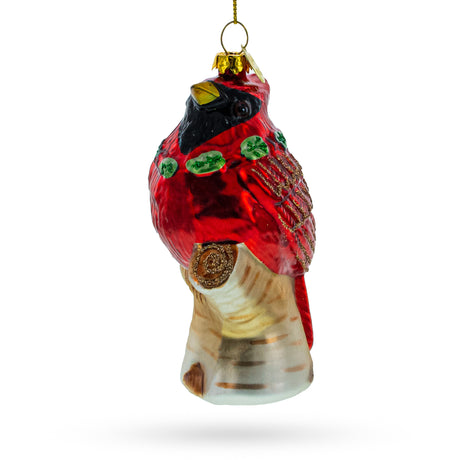Glass Shimmering Red Cardinal on a Tree Branch - Blown Glass Christmas Ornament in Red color