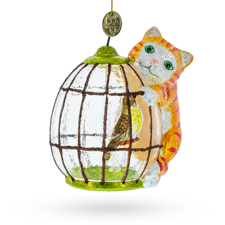 Glass Whimsical Cat with a Bird Cage Glass Christmas Ornament in Multi color