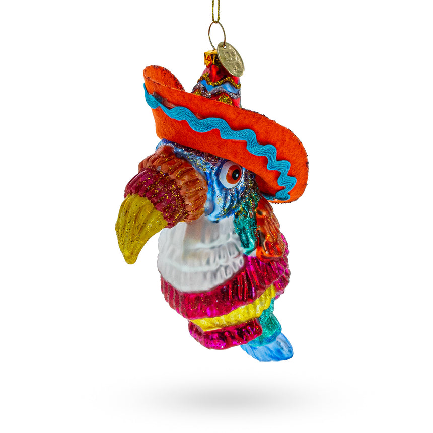 Glass Tropical Toucan in a Sombrero Hat Glass Christmas Ornament in Multi color