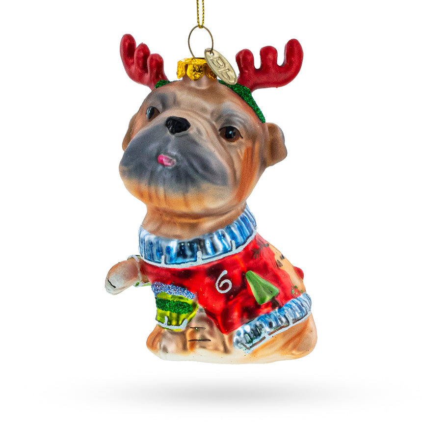 Glass Pug Wearing Reindeer Antlers Blown Glass Christmas Ornament in Multi color