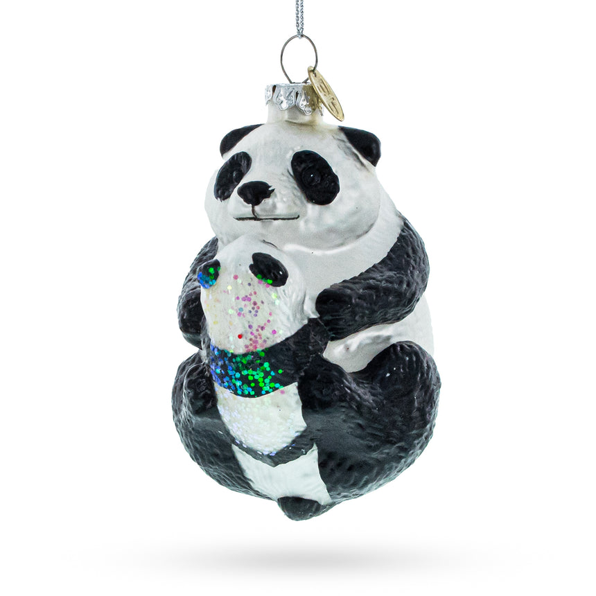 Glass Mother and Baby Panda Embrace Blown Glass Christmas Ornament in Multi color