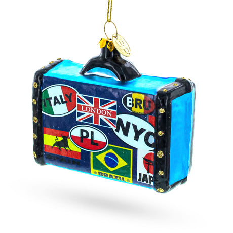 Glass Retro Wanderlust Travel Suitcase Glass Christmas Ornament in Multi color