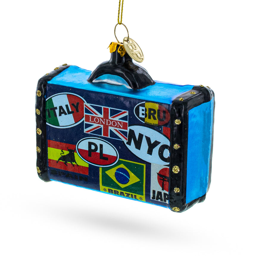 Glass Retro Wanderlust Travel Suitcase Glass Christmas Ornament in Multi color