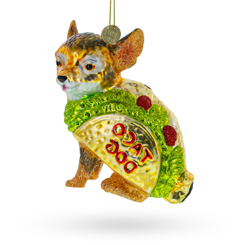 Glass Fiesta Pup: Taco-Wearing Dog Blown Glass Christmas Ornament in Multi color