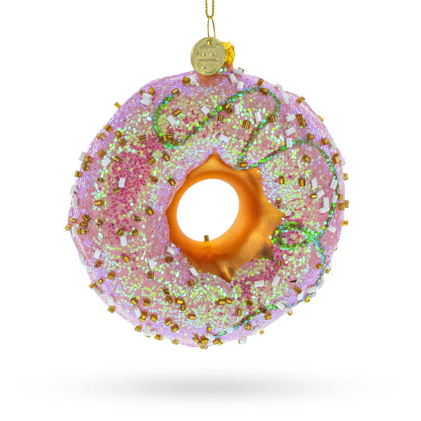 Glass Pink Glazed Doughnut Blown Glass Christmas Ornament in Multi color Round