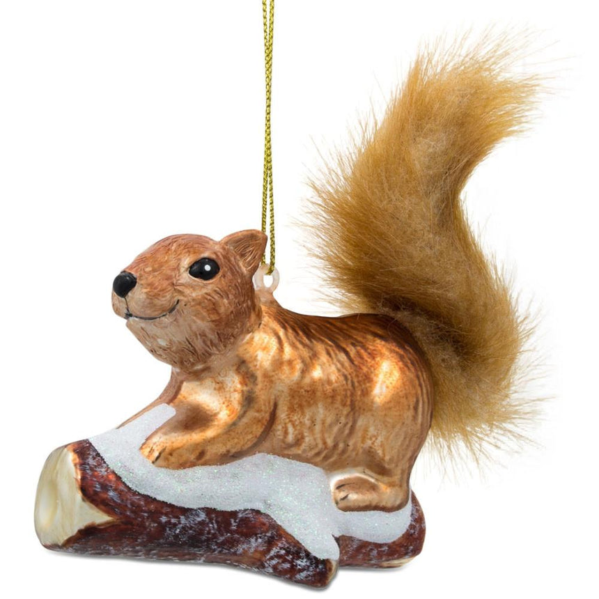 Glass Squirrel on Snowy Branch Blown Glass Christmas Ornament in Orange color