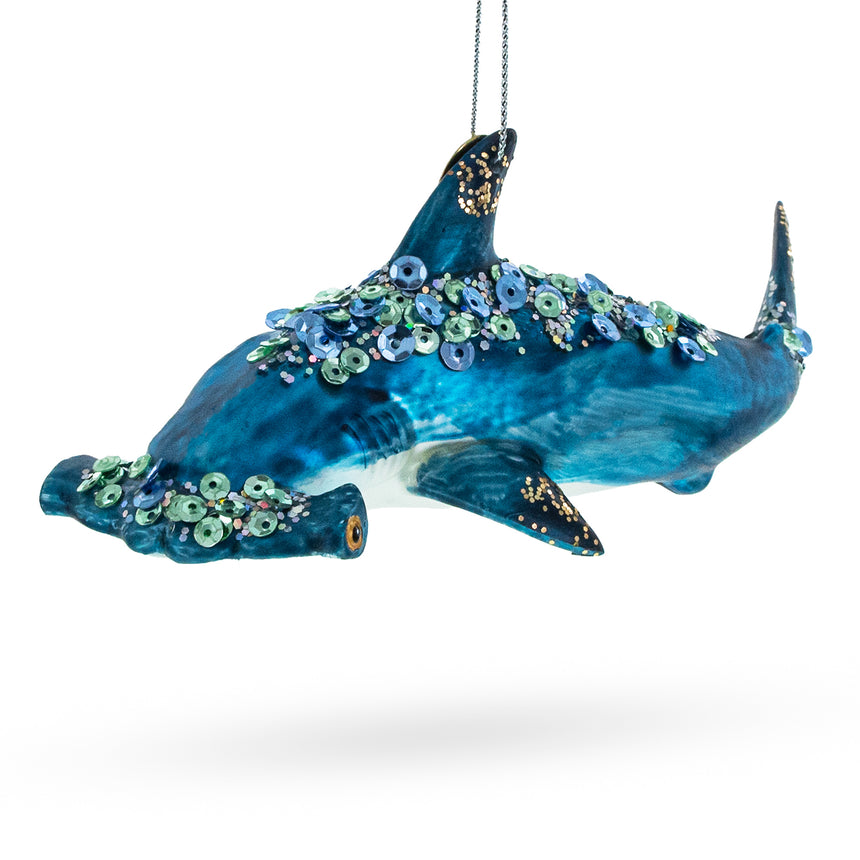 Glass Ocean Stalker: Hammerhead Shark Glass Christmas Ornament in Blue color