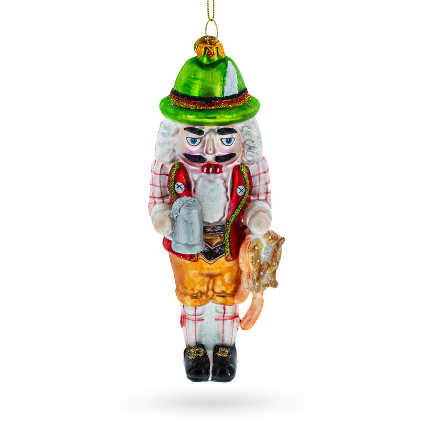 Glass Cheers to Tradition: Bavarian Nutcracker with Beer Stein Blown Glass Christmas Ornament in Multi color