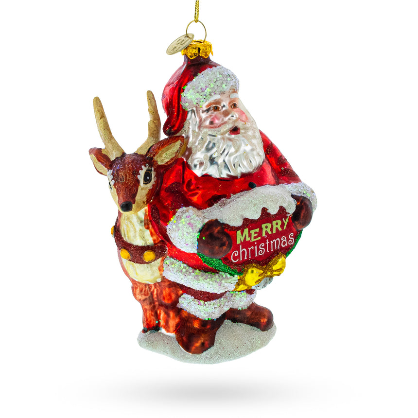 Glass Santa's Sleigh Ride: Santa with Reindeer Blown Glass Christmas Ornament in Red color