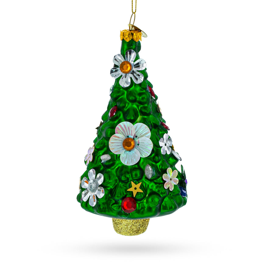 Glass Floral Fiesta: Blossom-Adorned Christmas Tree Glass Ornament in Green color Triangle