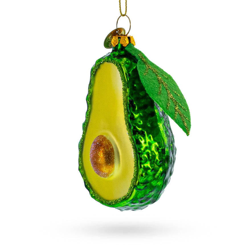 Glass Nature's Butter: Avocado with Leaf Glass Christmas Ornament in Multi color