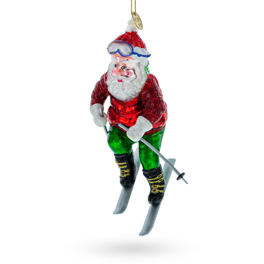 Glass Alpine Adventure: Santa on Skis Glass Christmas Ornament in Multi color