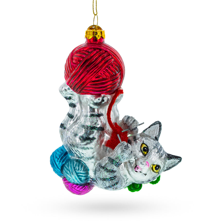 Glass Whimsical Kitten Tangled in Yarn Balls Blown Glass Christmas Ornament in Multi color