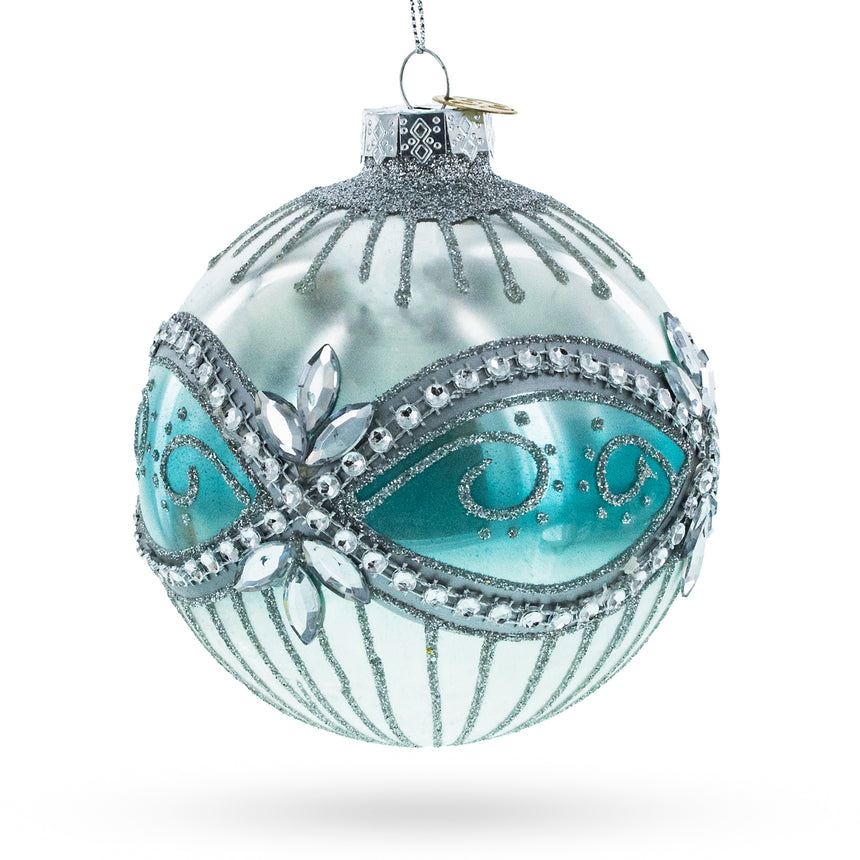 Glass Elegant Silver and Blue Jeweled Blown Glass Ball Christmas Ornament in Multi color Round