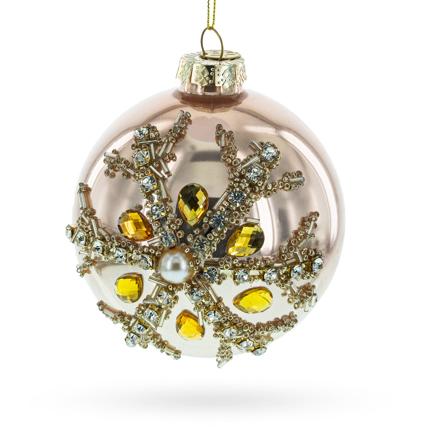 Glass Rose Gold and Yellow Bejeweled Glass Egg Christmas Ornament in Multi color Round