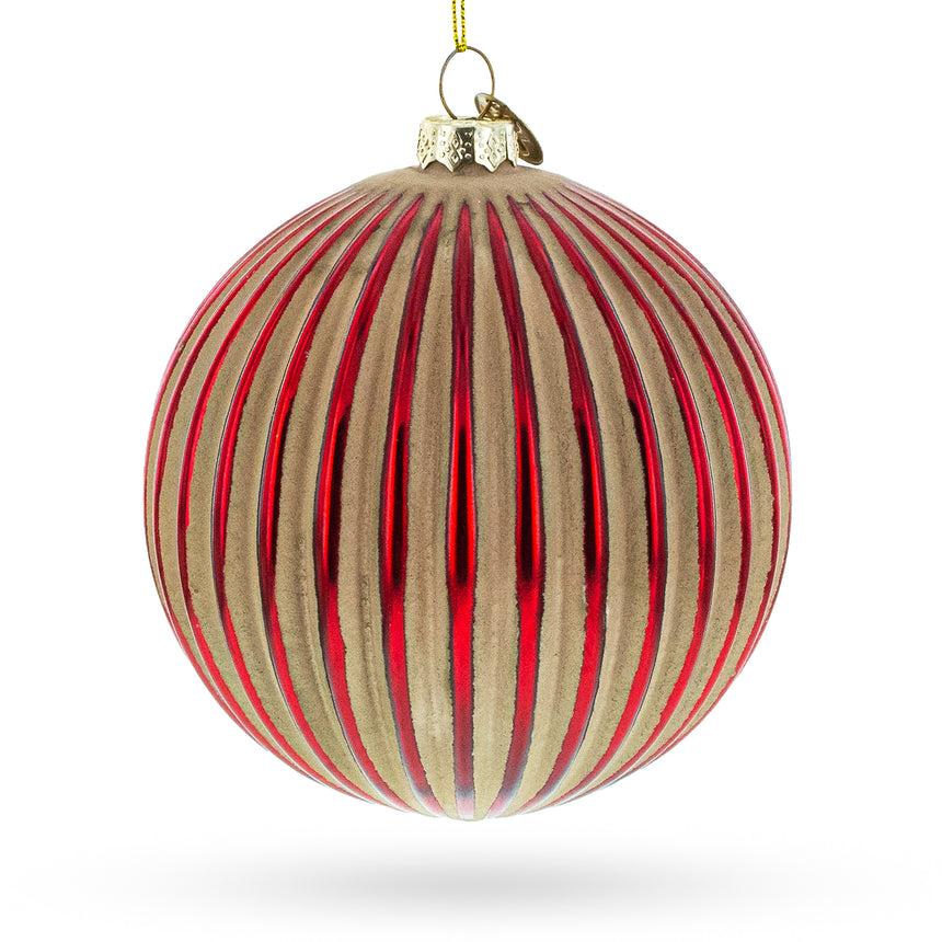 Glass Elegant Red and Radiant Gold Ribbed Glass Christmas Ornament in Red color Round