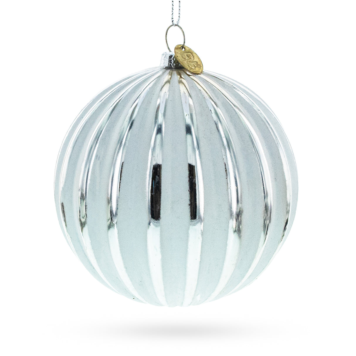 Glass Gleaming Silver Ribbed Blown Glass Christmas Ornament in White color Round