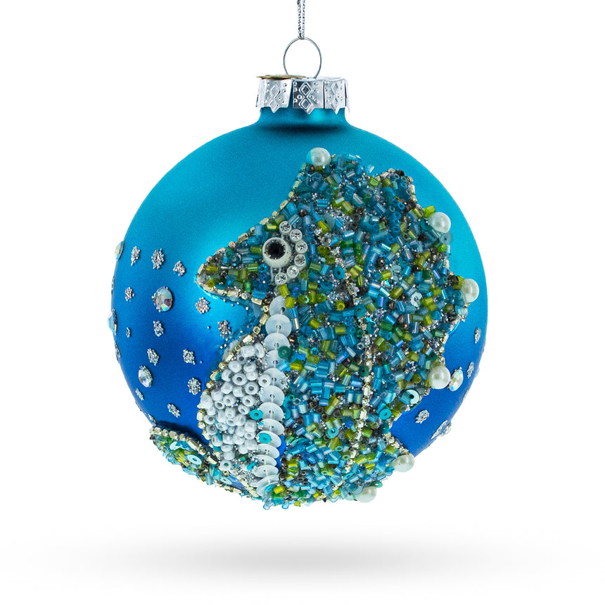 Glass Elegant Beaded Seahorse Blown Glass Christmas Ornament in Blue color Round