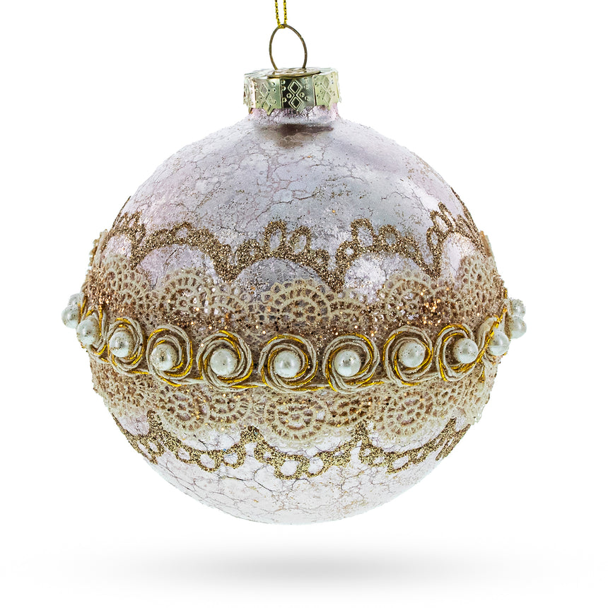 Glass Lace-Adorned Pink Blown Glass Egg Christmas Ornament in Pink color Round