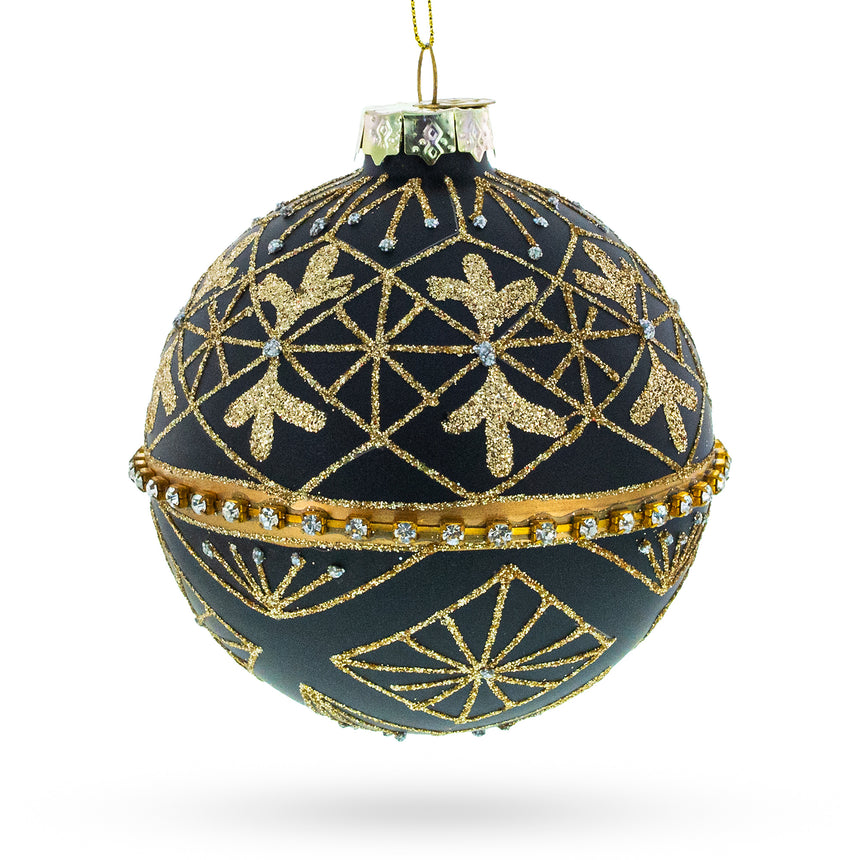 Glass Striped Black with Diamond Accents Glass Christmas Ornament in Black color Round