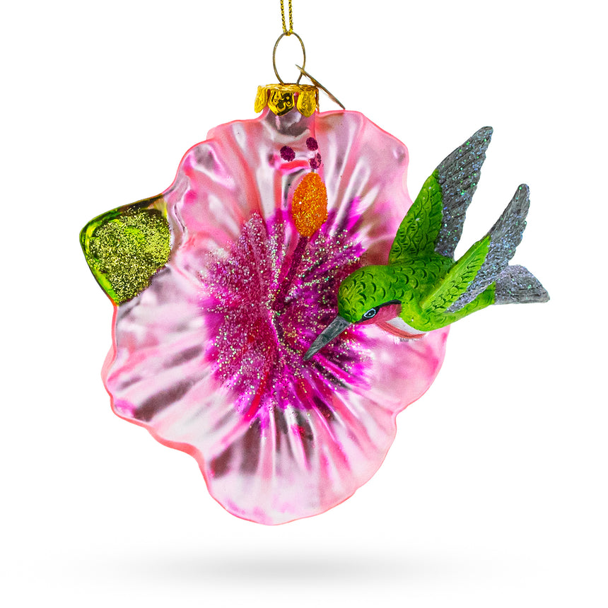 Glass Vibrant Hummingbird with Hibiscus Glass Christmas Ornament in Multi color