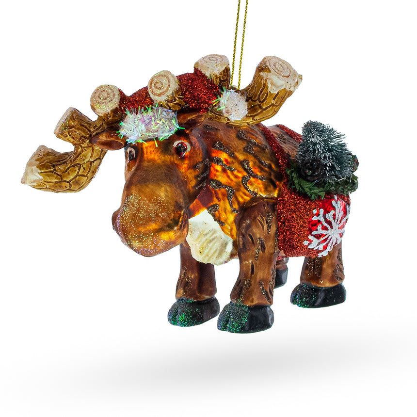 Glass Festive Moose with Twinkling Lights Glass Christmas Ornament in Multi color