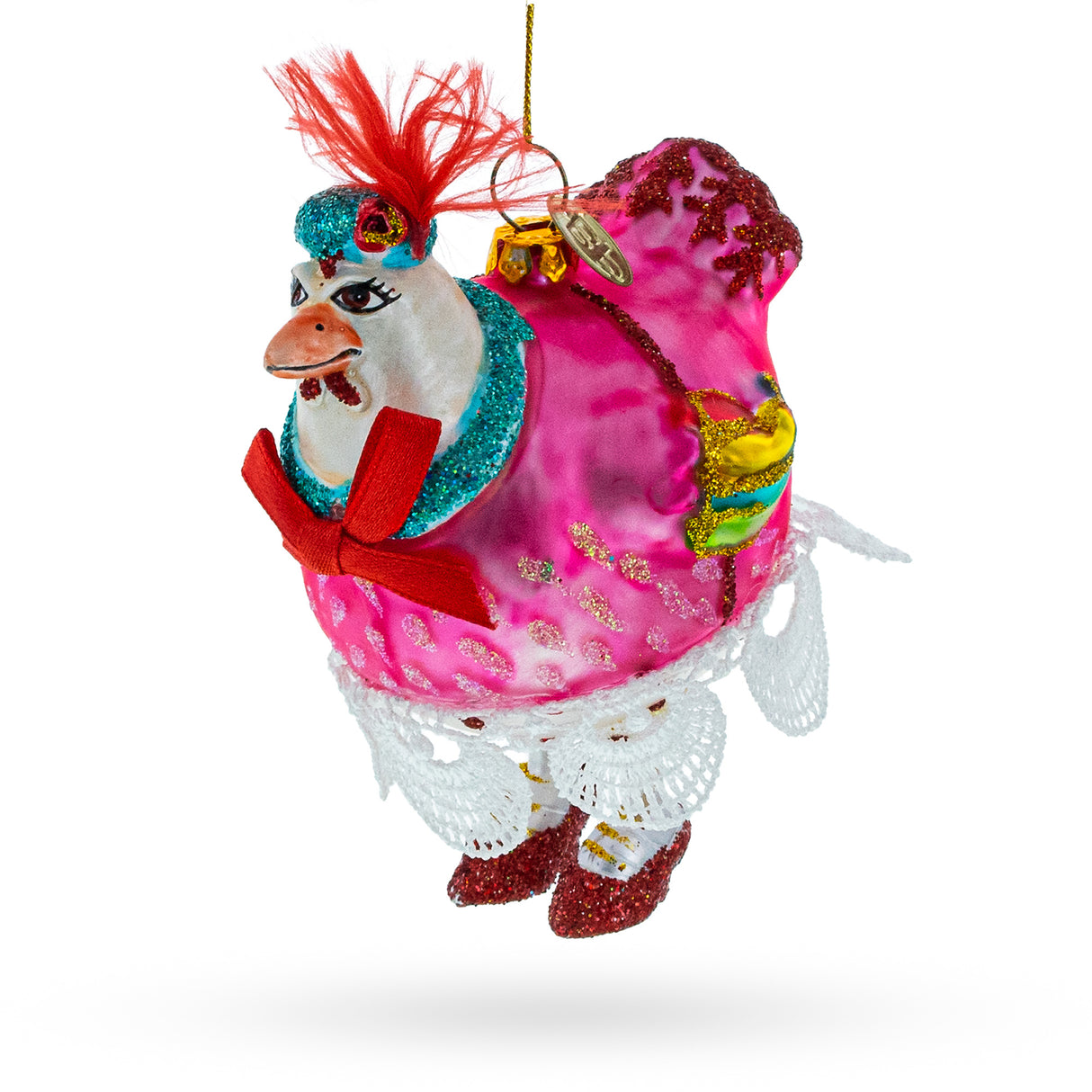 Glass Quirky Hen in Pink Dress Blown Glass Christmas Ornament in Multi color