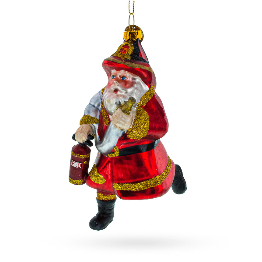 Glass Dapper Fireman Santa with Extinguisher Blown Glass Christmas Ornament in Multi color