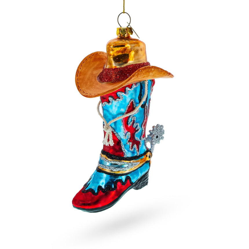 Glass Western Cowboy Boot with a Hat Glass Christmas Ornament in Multi color