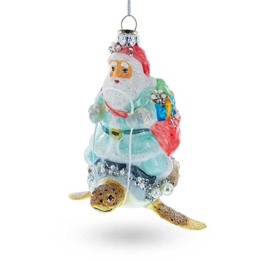 Glass Santa Riding Turtle Blown Glass Christmas Ornament in Multi color