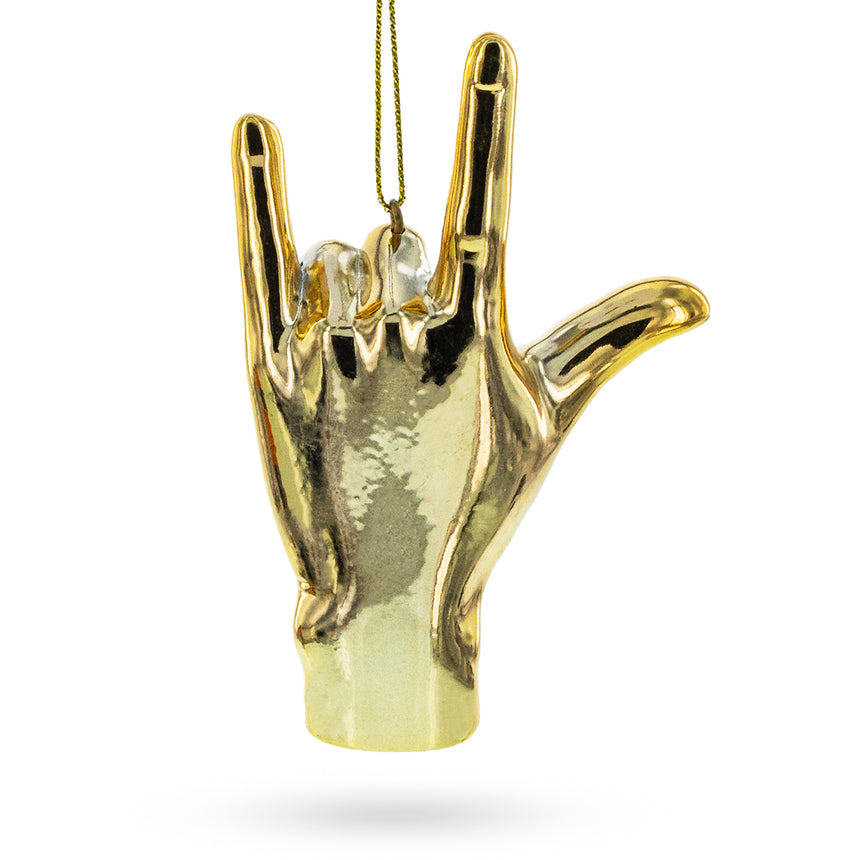 Glass Golden Sign Language "I Love You" Glass Christmas Ornament in Gold color