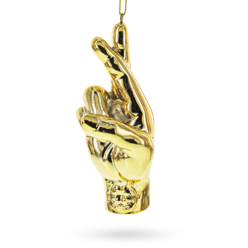 Glass Golden Lucky Crossed Fingers Sign Language Blown Glass Christmas Ornament in Gold color