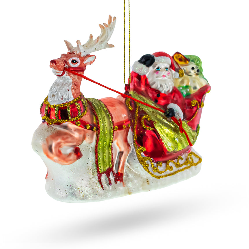 Glass Santa on Festive Sleigh Blown Glass Christmas Ornament in Red color