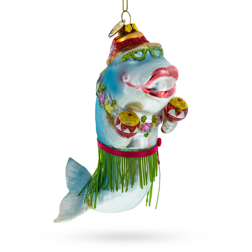 Glass Festive Hawaiian Shark with Maracas Glass Christmas Ornament in Multi color