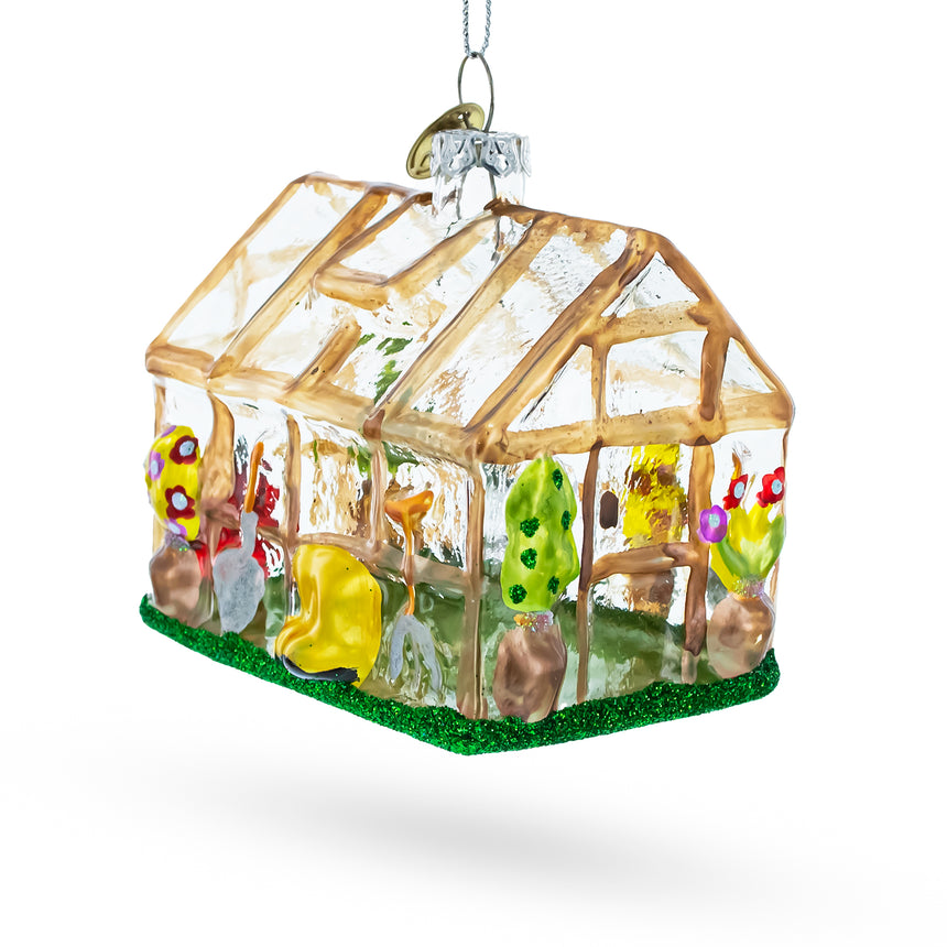 Glass Greenhouse and Gardner Tools Blown Glass Christmas Ornament in Multi color