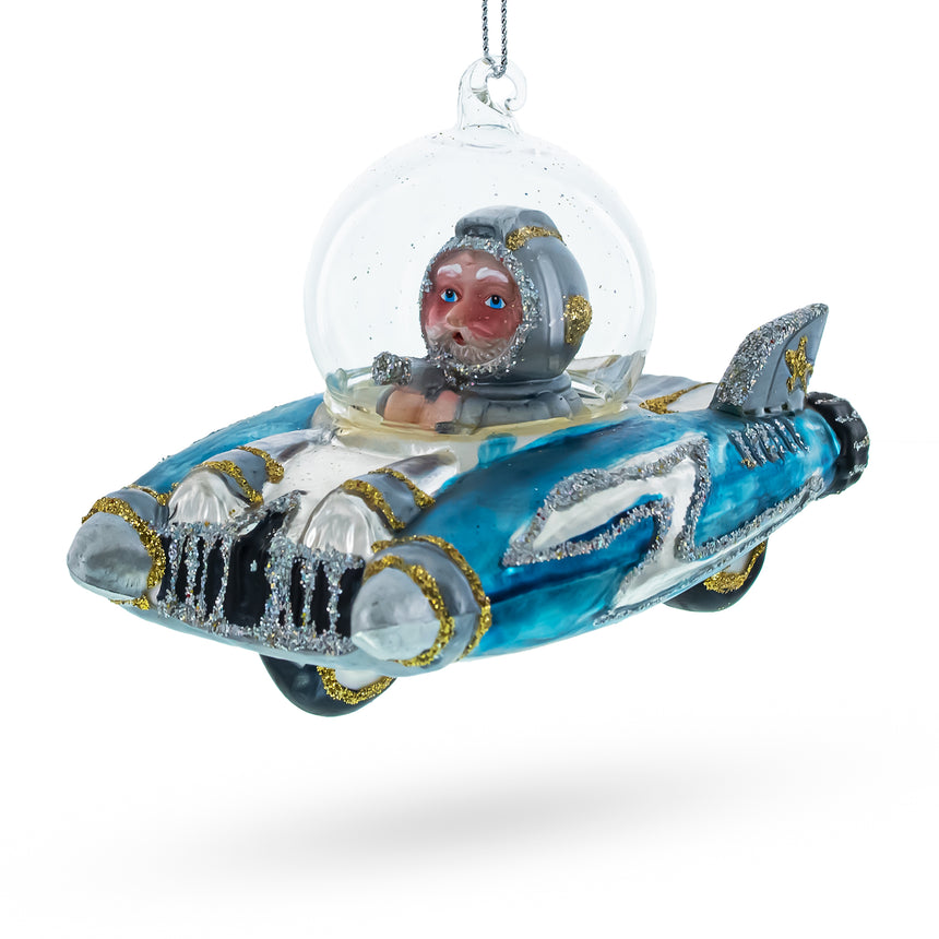 Glass Santa Riding Spaceship Blown Glass Christmas Ornament in Blue color