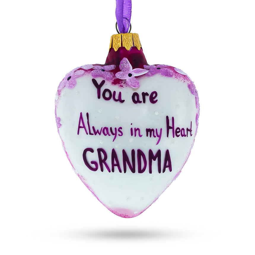 Glass Grandma Always in My Heart Glass Heart Christmas Ornament in White color Heart