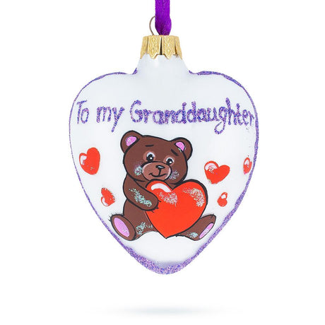 Glass Teddy For My Granddaughter Glass Heart Christmas Ornament in White color Heart