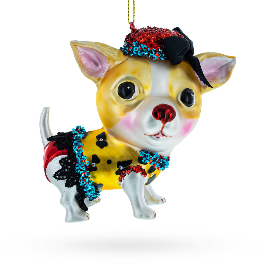 Glass Chic Chihuahua Blown Glass Christmas Ornament in Multi color