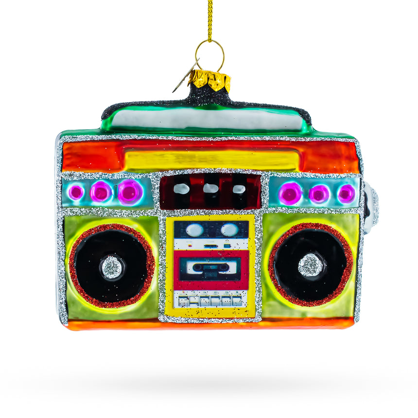 Glass Vintage-Inspired Cassette Player Boombox Blown Glass Christmas Ornament in Multi color