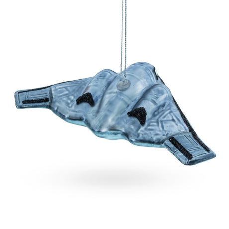 Sleek Stealth Bomber B-2 Blown Glass Christmas Ornament ,dimensions in inches: 5.66 x 3.36 x 1.6