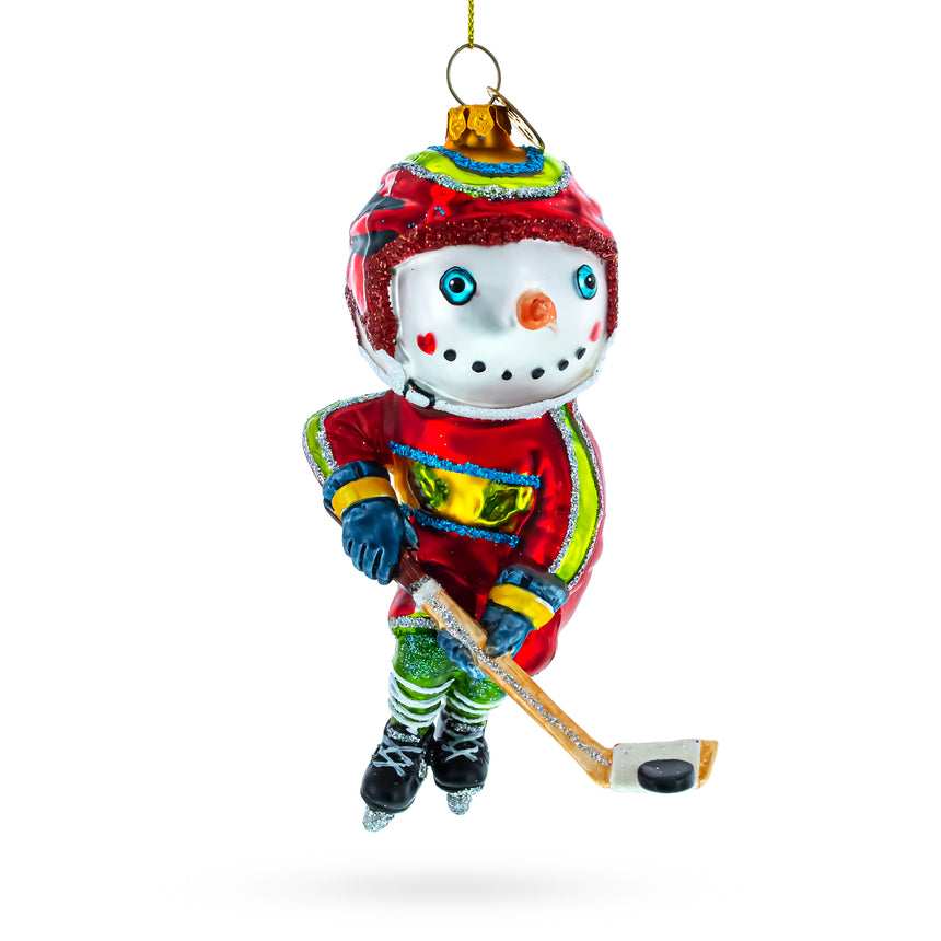 Glass Energetic Snowman Playing Hockey Glass Christmas Ornament in Multi color