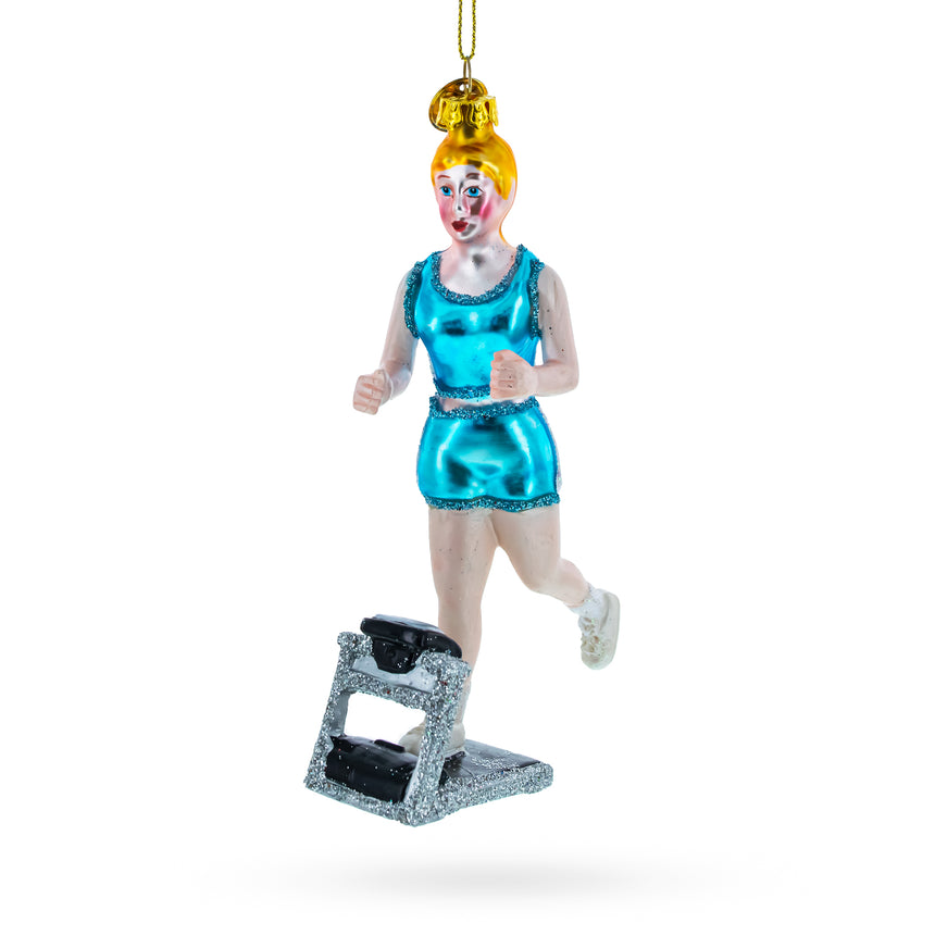 Glass Treadmill Runner Fitness Girl Blown Glass Christmas Ornament in Blue color