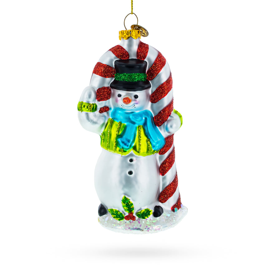 Glass Snowman with the Mint Candy Cane Glass Christmas Ornament in Multi color