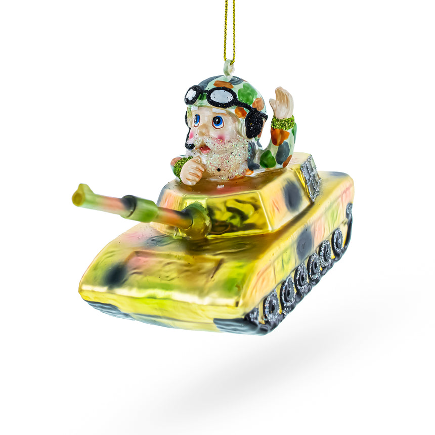 Glass Heroic Santa as Army Tanker Blown Glass Christmas Ornament in Multi color