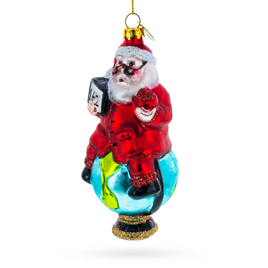 Glass Teacher Santa on World Globe Blown Glass Christmas Ornament in Multi color