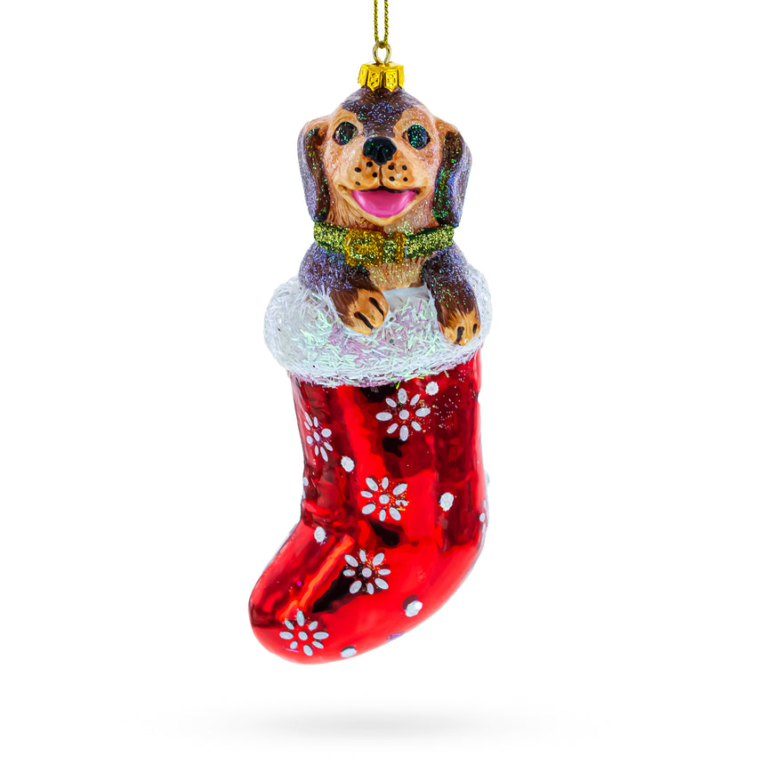 Glass Puppy in Stocking Glass Christmas Ornament in Red color